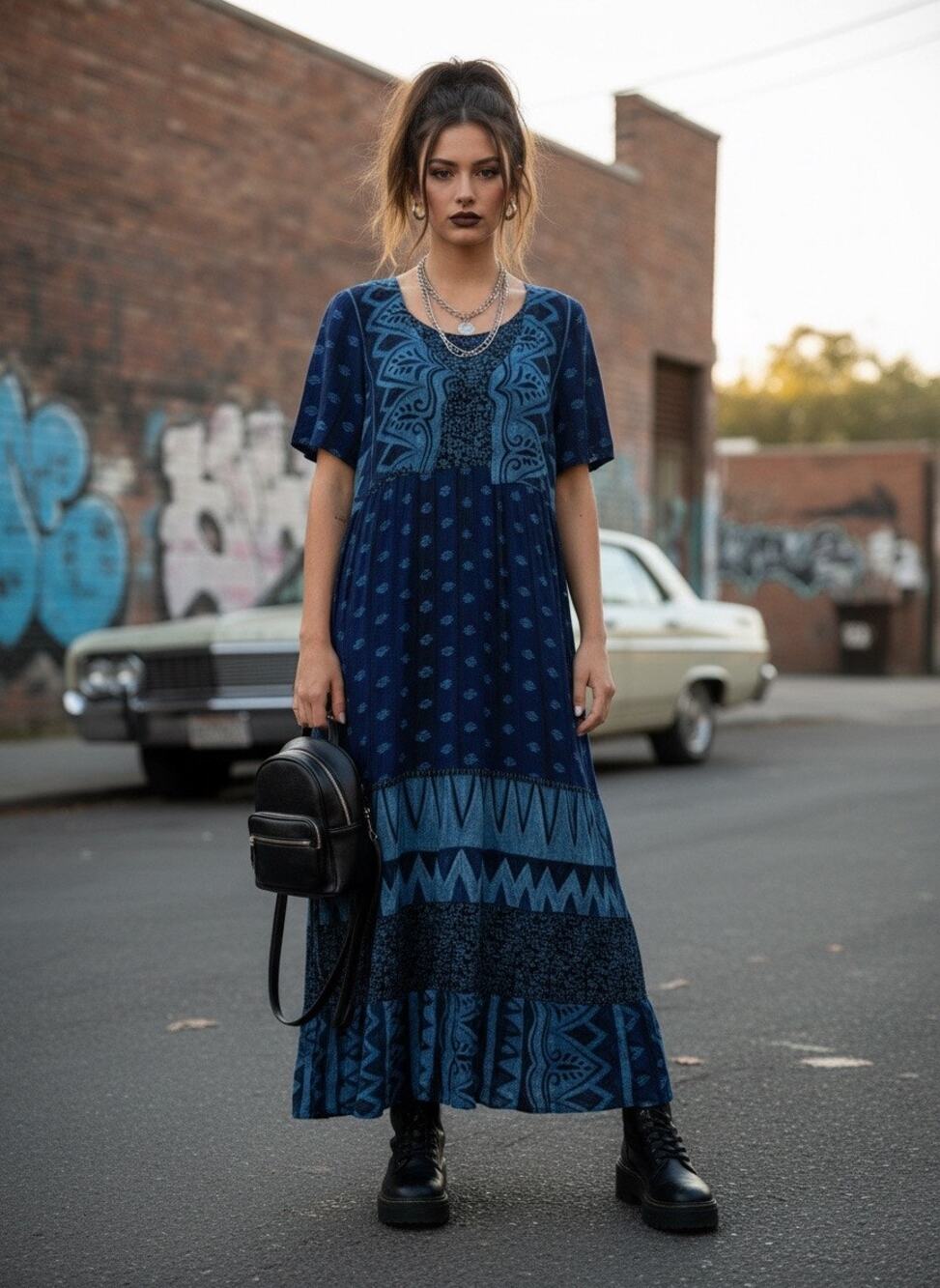 Vintage Carole Little Blue Print Rayon Maxi Dress Size 12